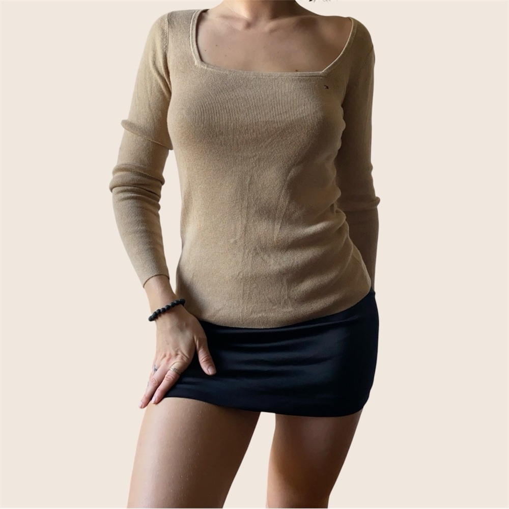 Tommy Hilfiger tan square neck long sleeve top